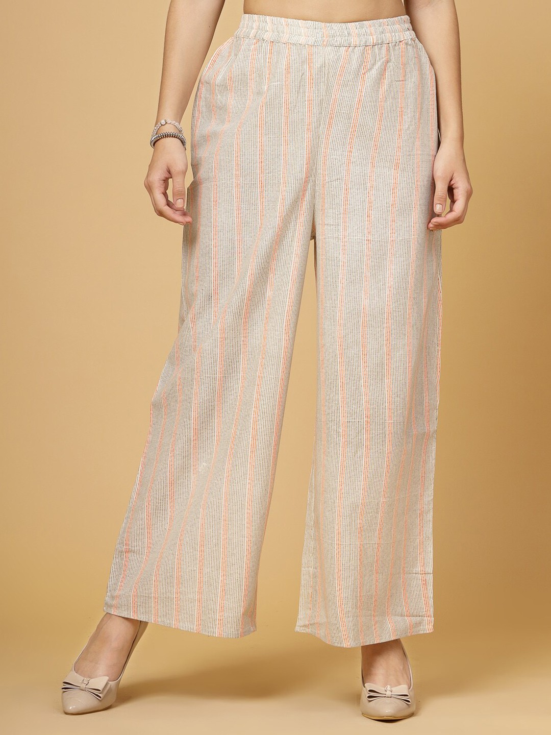 

Pistaa Women Striped Cotton Palazzos, Orange
