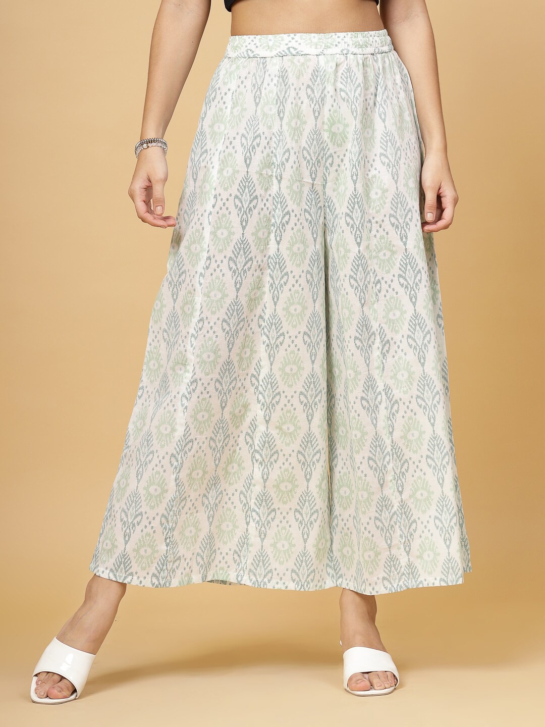 

Pistaa Women Ethnic Motifs Printed Cotton Flared Palazzos, Sea green