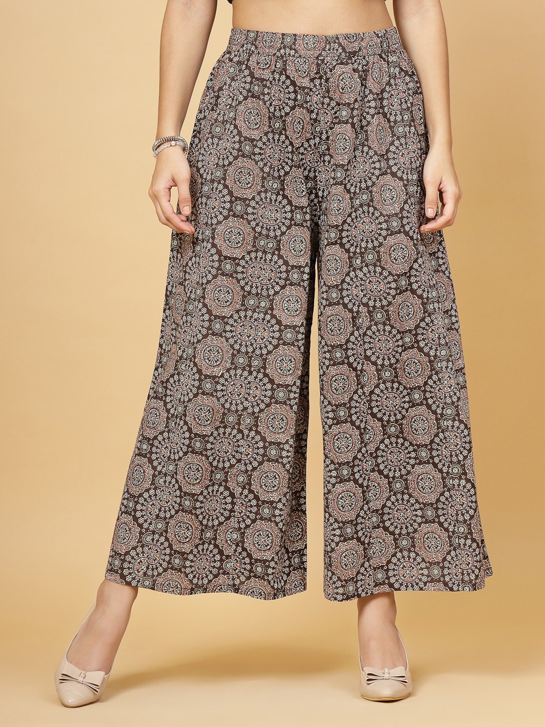 

Pistaa Floral Printed Cotton Flared Palazzos, Brown