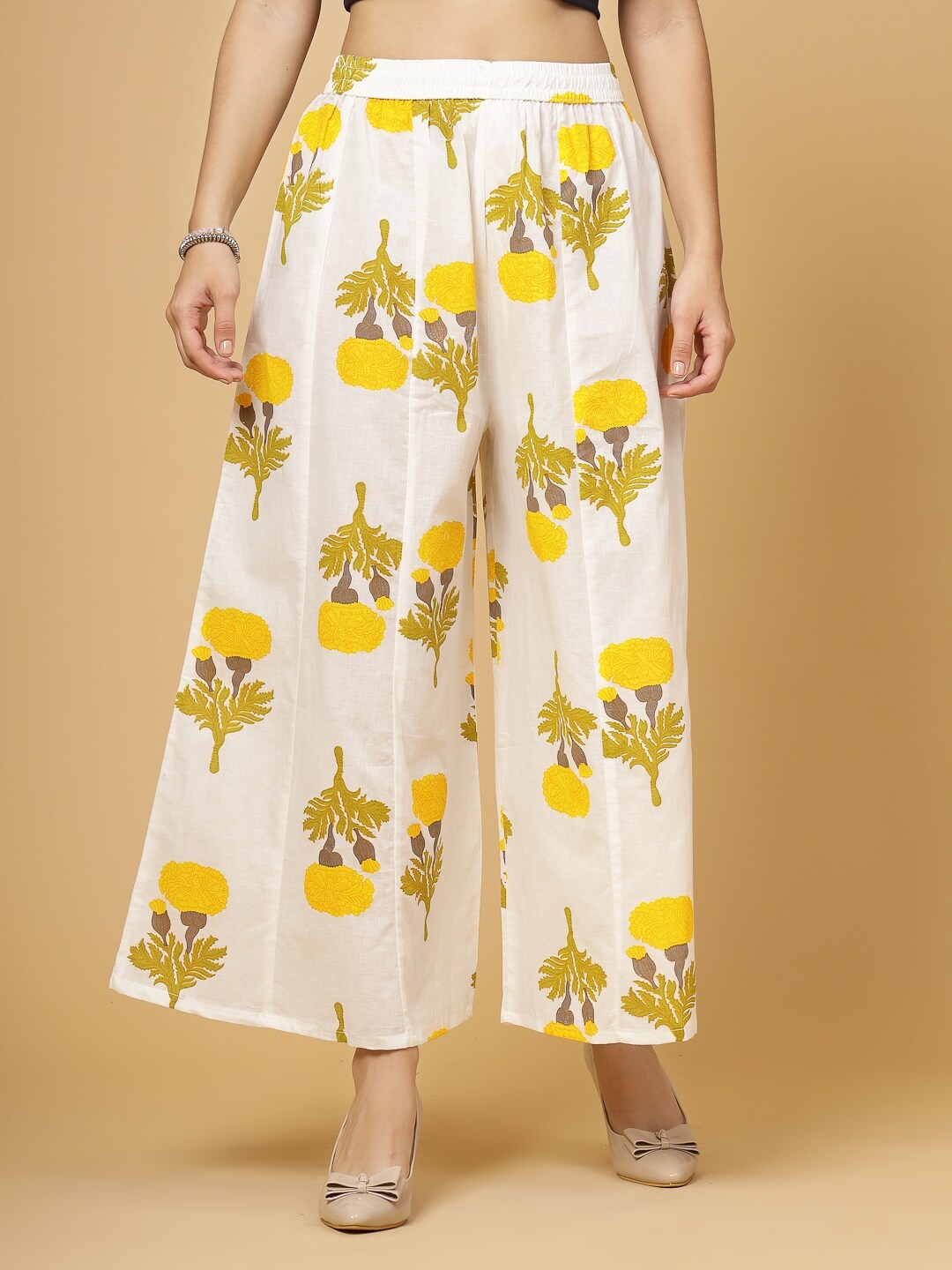 

Pistaa Women Floral Printed Cotton Flared Palazzos, Yellow