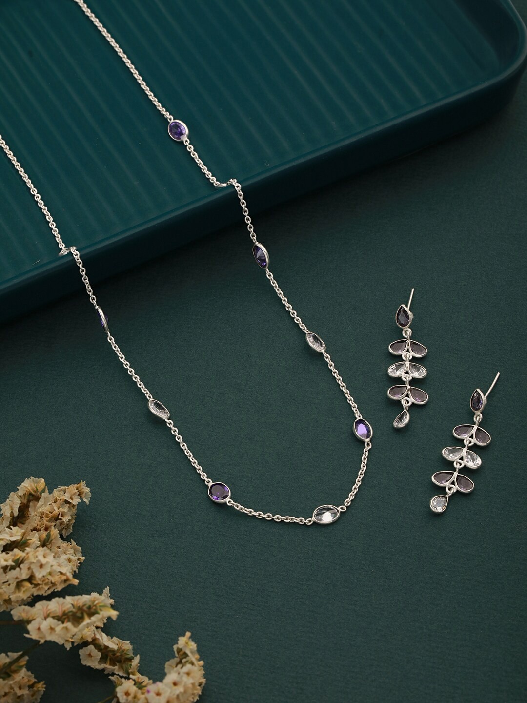 

Saraf RS Jewellery Silver Plated American Diamond Stone Studded Jewellery Set