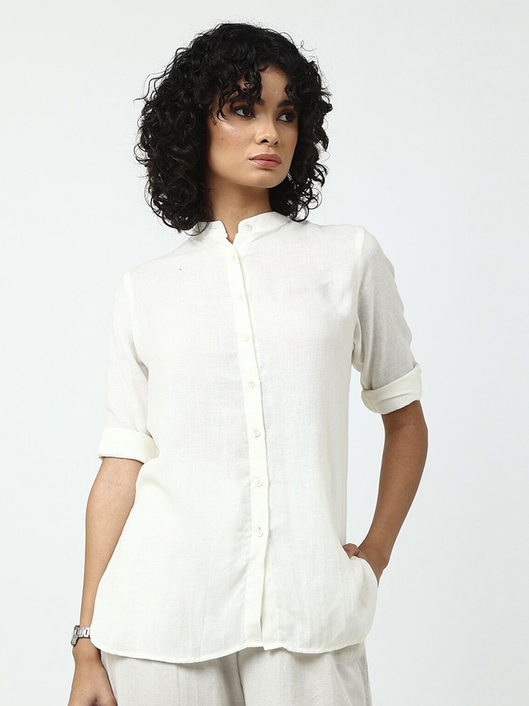 

Saltpetre Band Collar Long Sleeves Casual Shirt, Off white