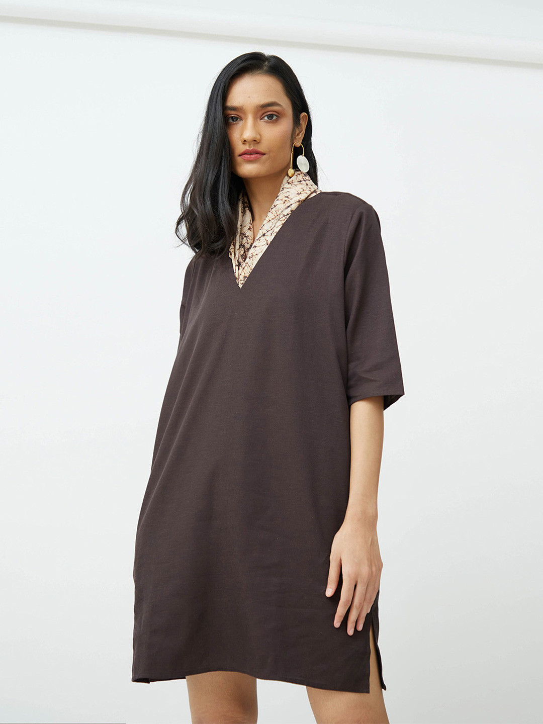 

Saltpetre V-Neck A-Line Dress, Coffee brown