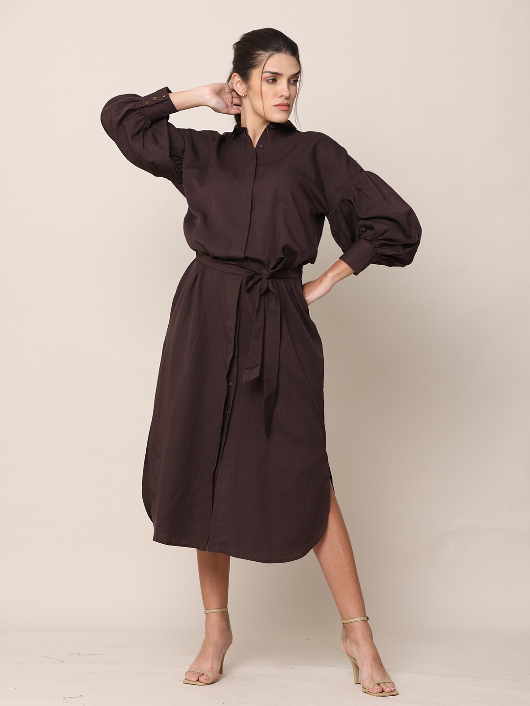 

Saltpetre Puff Sleeve Shirt Style Midi Dress, Coffee brown