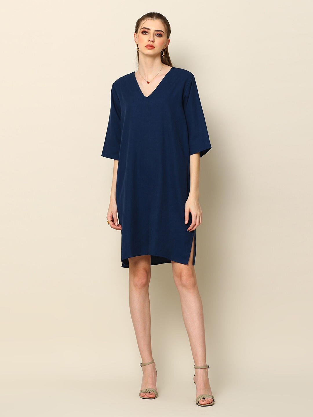 

Saltpetre V Neck A Line Dress, Navy blue