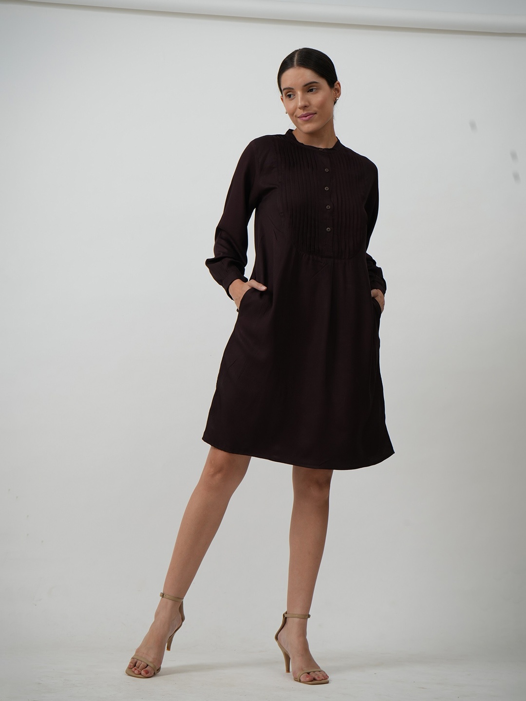 

Saltpetre Band Collar A-Line Kurta, Coffee brown