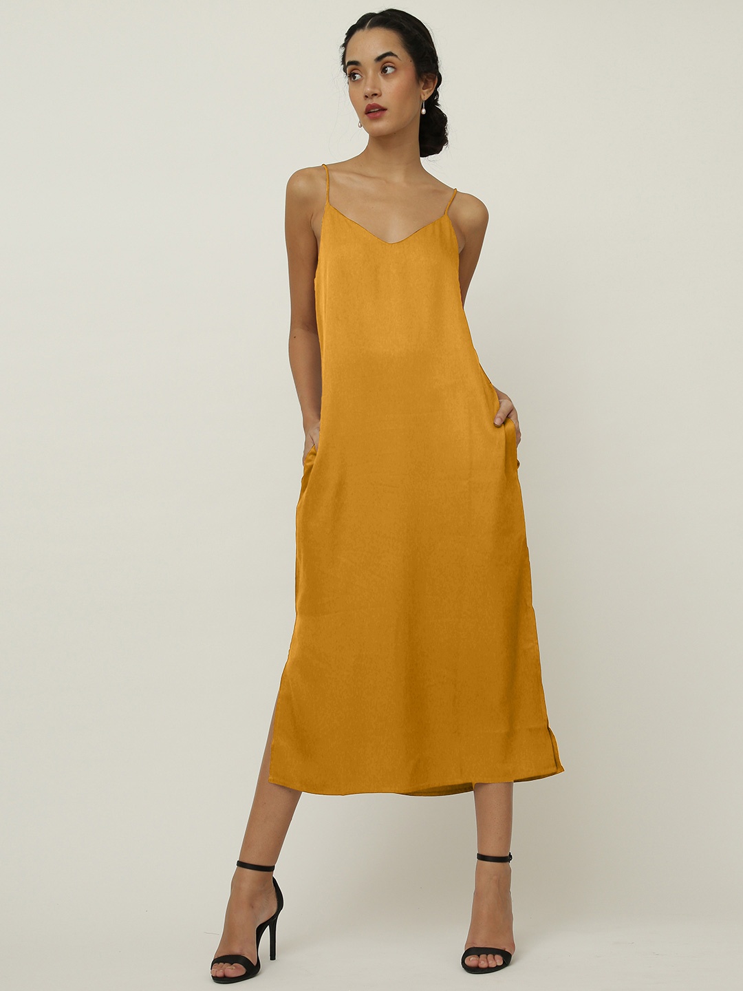 

Saltpetre Shoulder Straps Sleeveless A-Line Midi Dress, Mustard