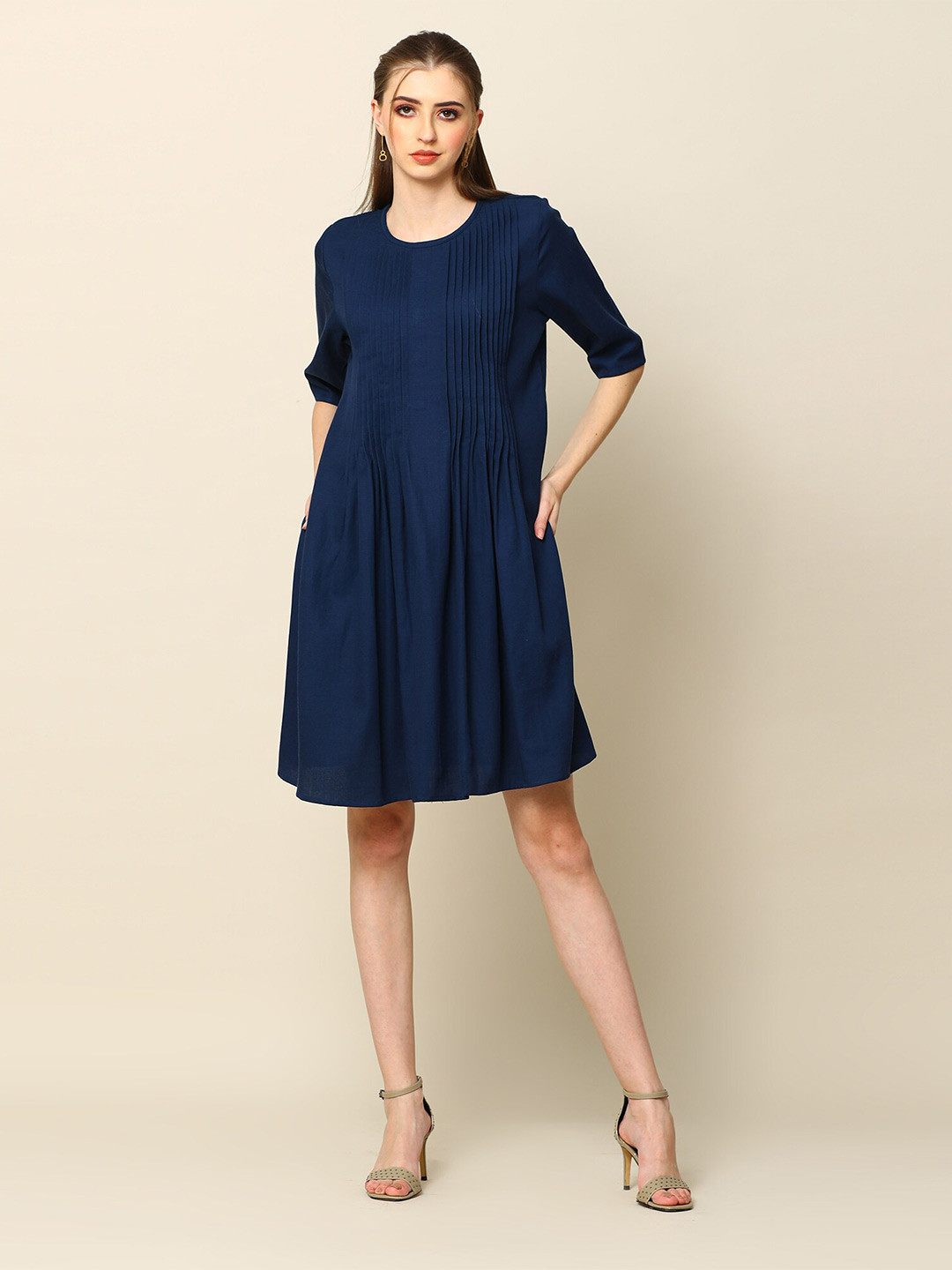 

Saltpetre Pleated Shirt Style Midi Dress, Navy blue