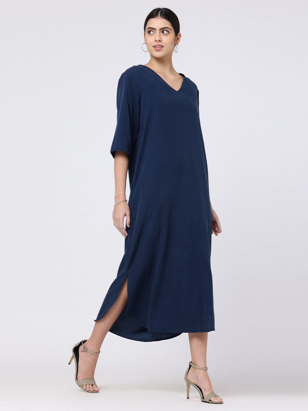 

Saltpetre V-Neck Tencel A-Line Midi Dress, Navy blue