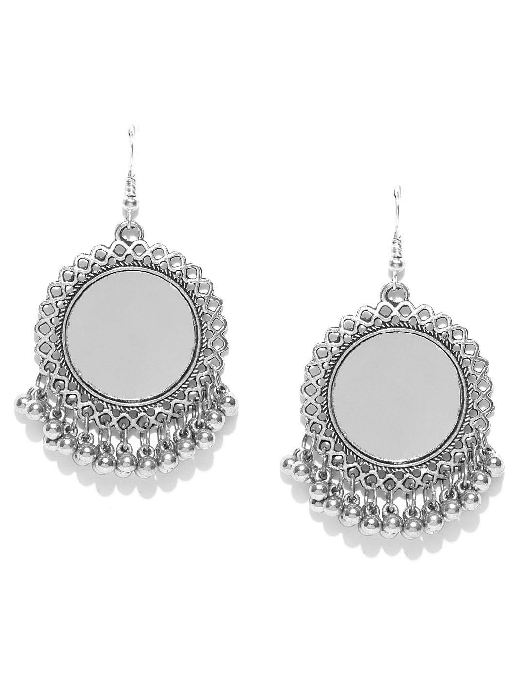 

Infuzze Oxidised Silver-Toned Circular Mirror Drop Earrings