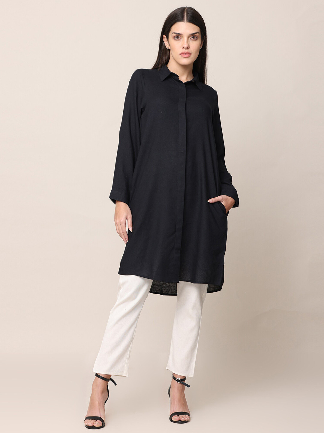 

Saltpetre Shirt Collar Cuffed Sleeve A-Line Linen Kurta, Black