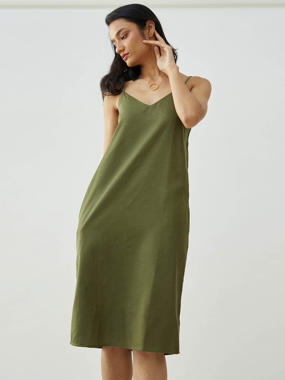 

Saltpetre Shoulder Straps Sleeveless A-Line Dress, Olive