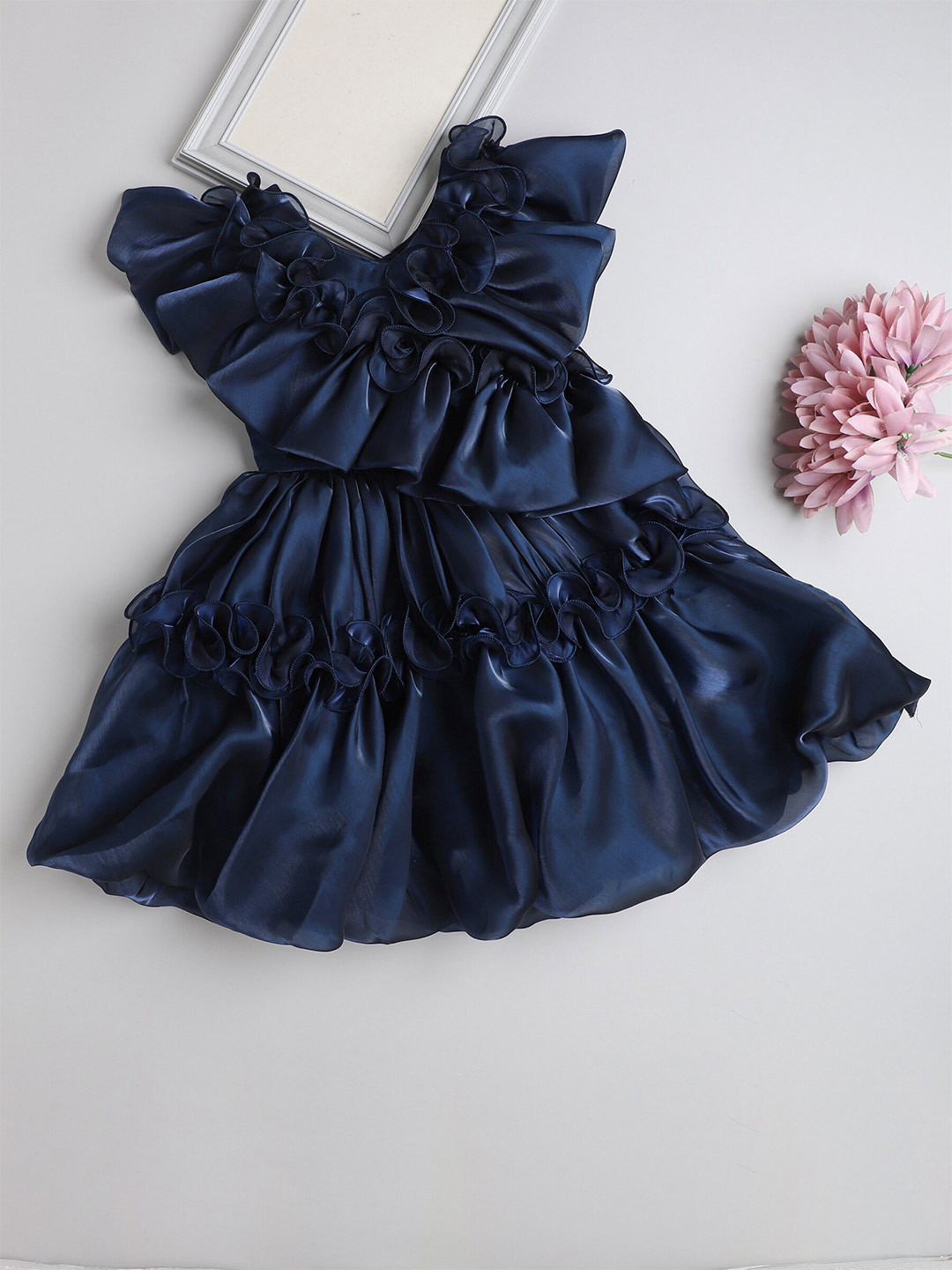 

The Magic Wand Girls Flutter Sleeve Ruffled Fit & Flare Dress, Navy blue