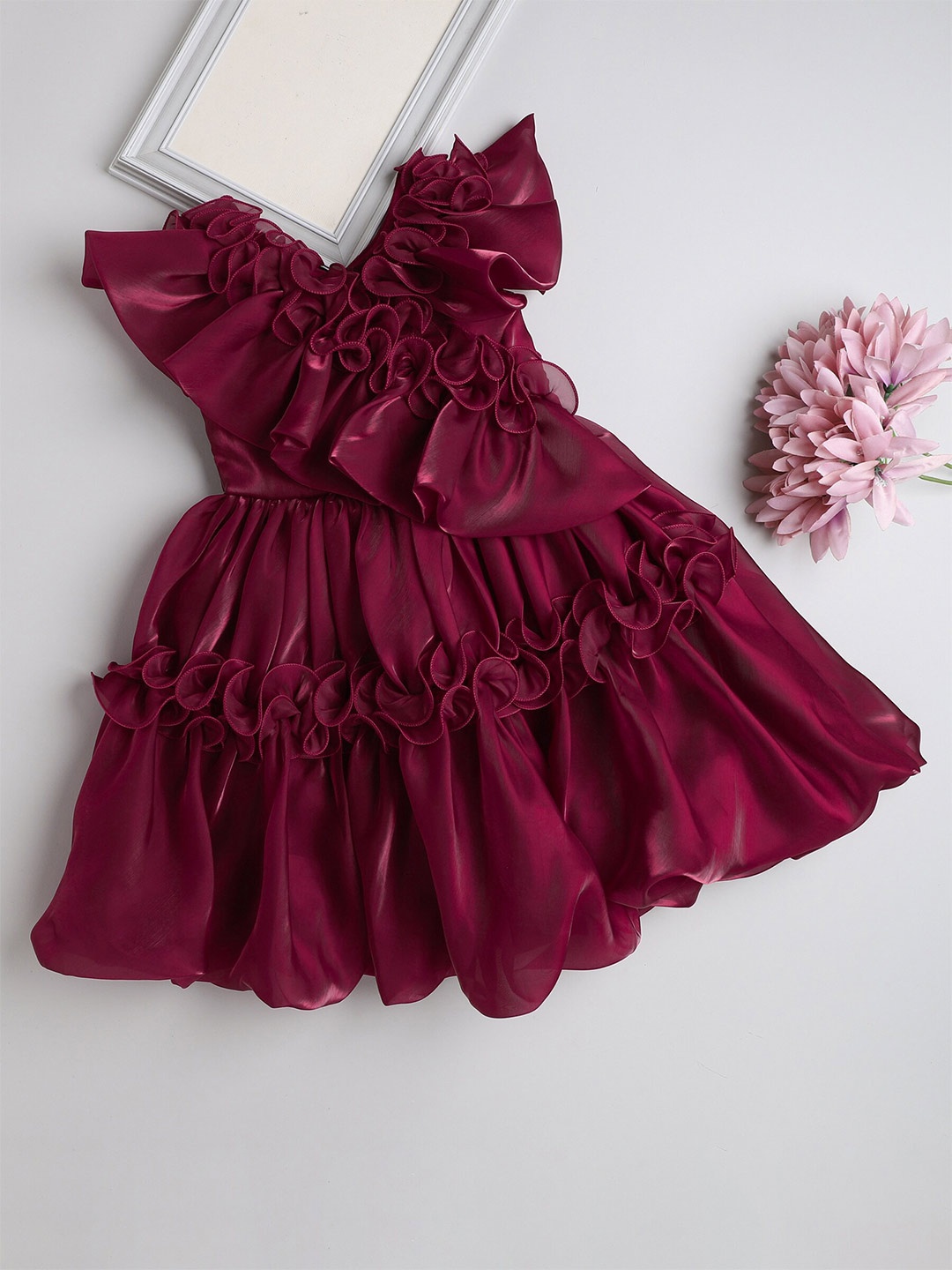 

The Magic Wand Girls Flutter Sleeve Ruffled Fit & Flare Dress, Maroon