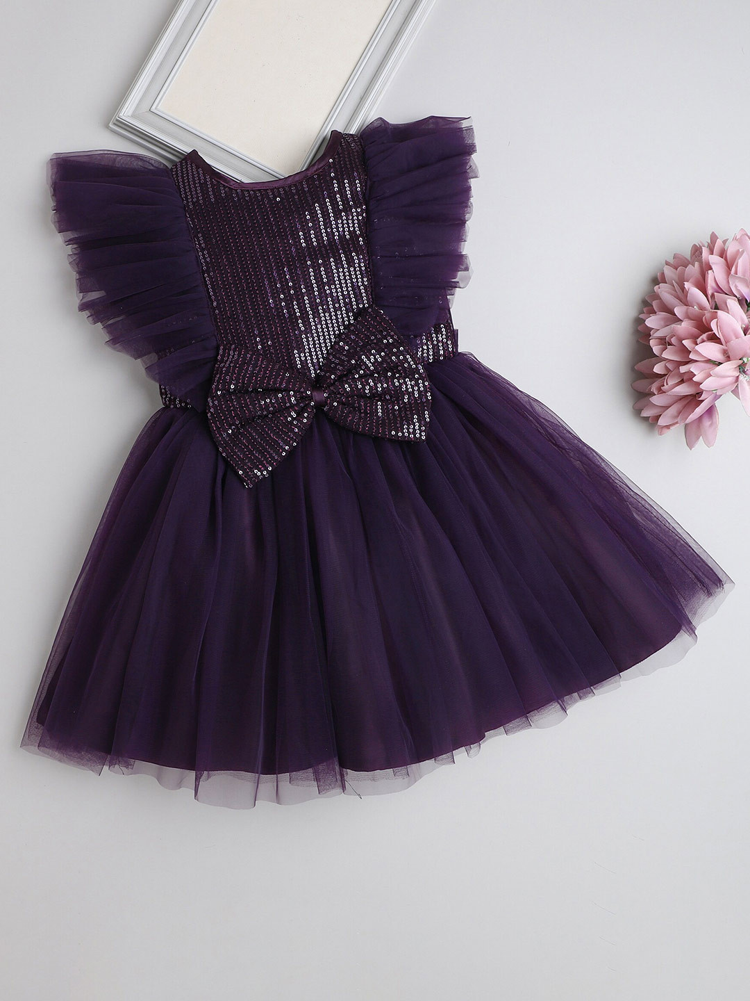

The Magic Wand Girls Embellished Round Neck Bow Fit & Flare Dress, Purple