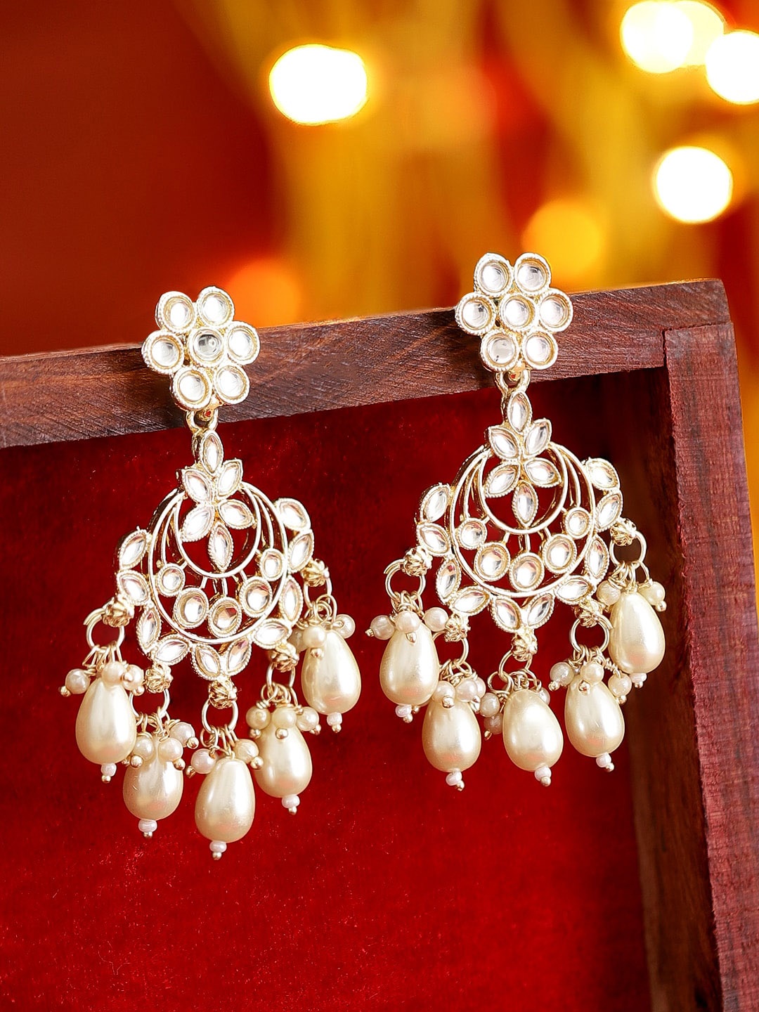 

Rubans Gold-Plated Artificial Stones and Beads Studded Jhumkas Earrings