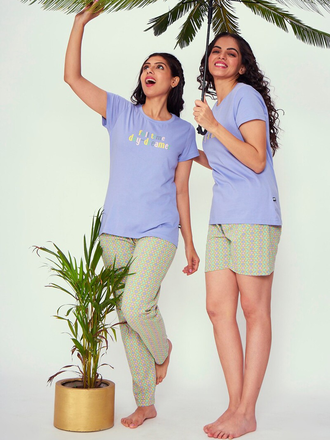 

July Typographic Printed T-shirt With Pyjamas & Shorts Night suit, Blue