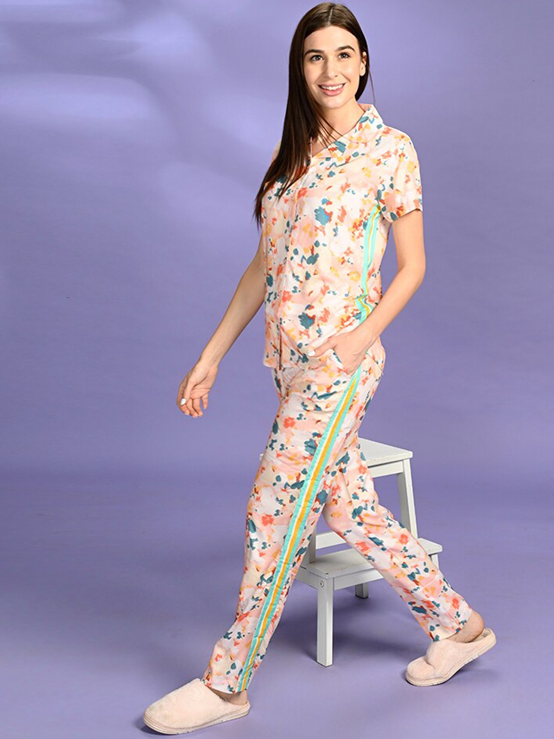 

July Floral Printed Shirt & Pyjamas Night suit, Peach