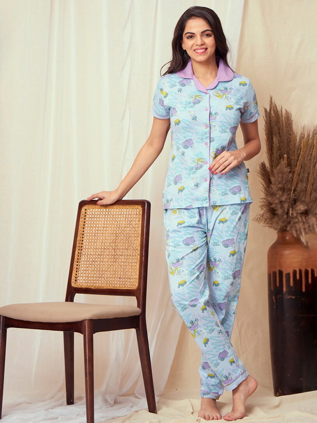 

July Conversational Printed Night suit, Blue