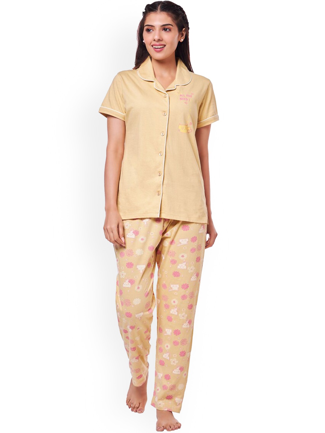 

July Lapel Collar Shirt & Printed Pyjama, Yellow