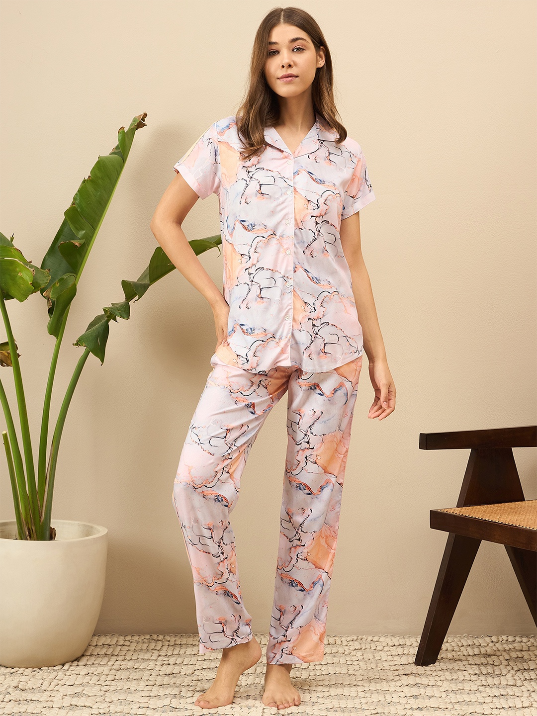 

July Abstract Printed Night suit, Peach