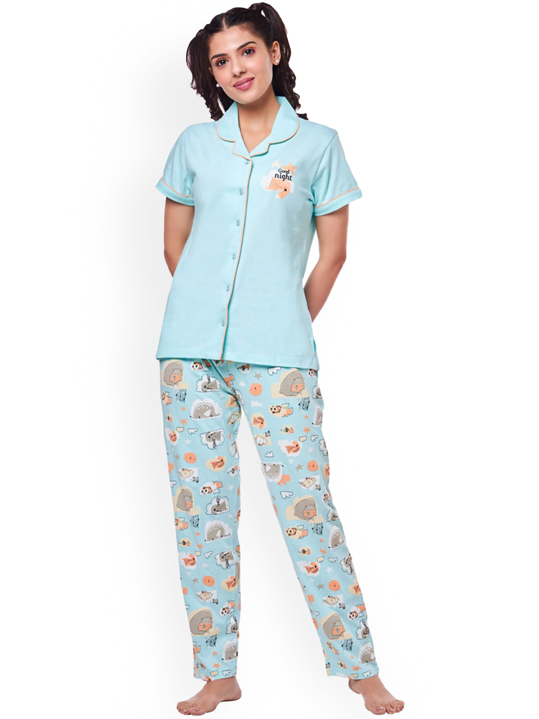 

July Conversational Printed Shirt & Pyjamas Night suit, Blue