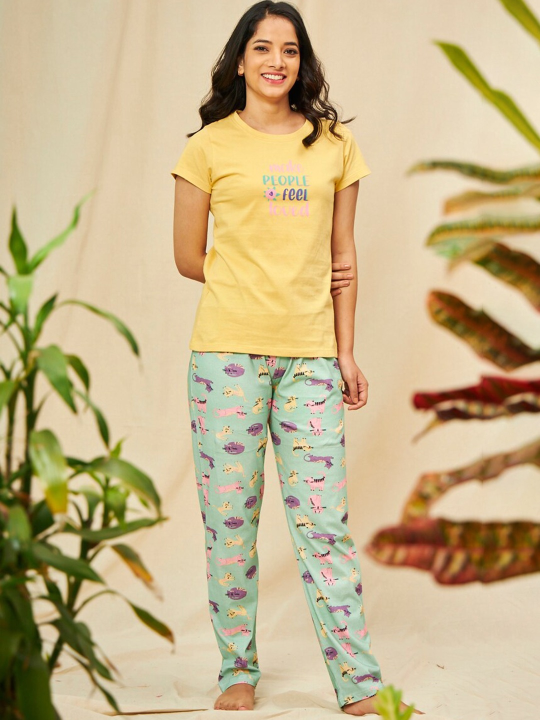 

July Conversational Printed T-shirt & Pyjamas Night suit, Yellow