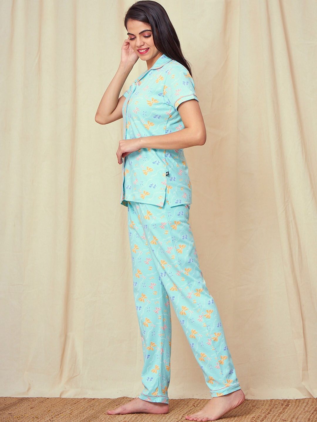 

July Floral Printed Lapel Collar Shirt & Pyjama, Green