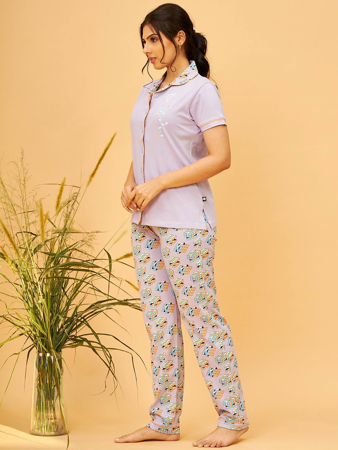 

July Graphic Printed Lapel Collar Shirt & Pyjama, Lavender