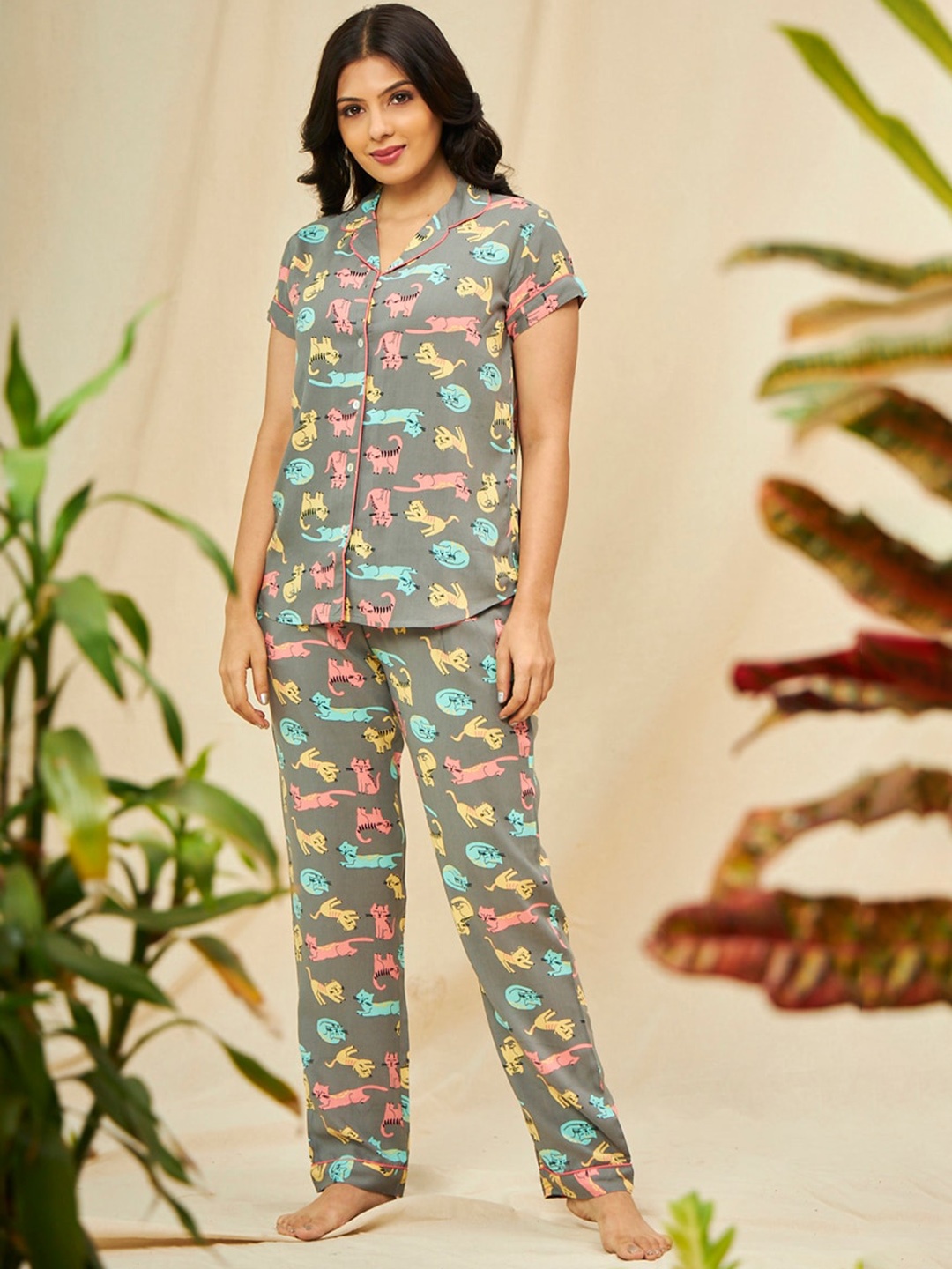 

July Conversational Printed Lapel Collar Shirt & Pyjama, Grey