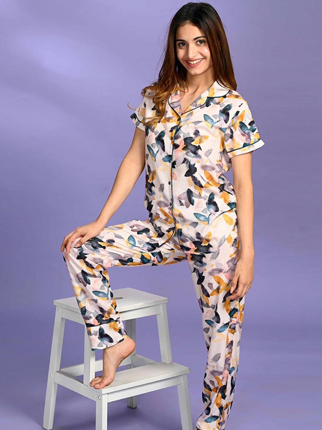 

July Women Graphic Printed Night suit, Cream