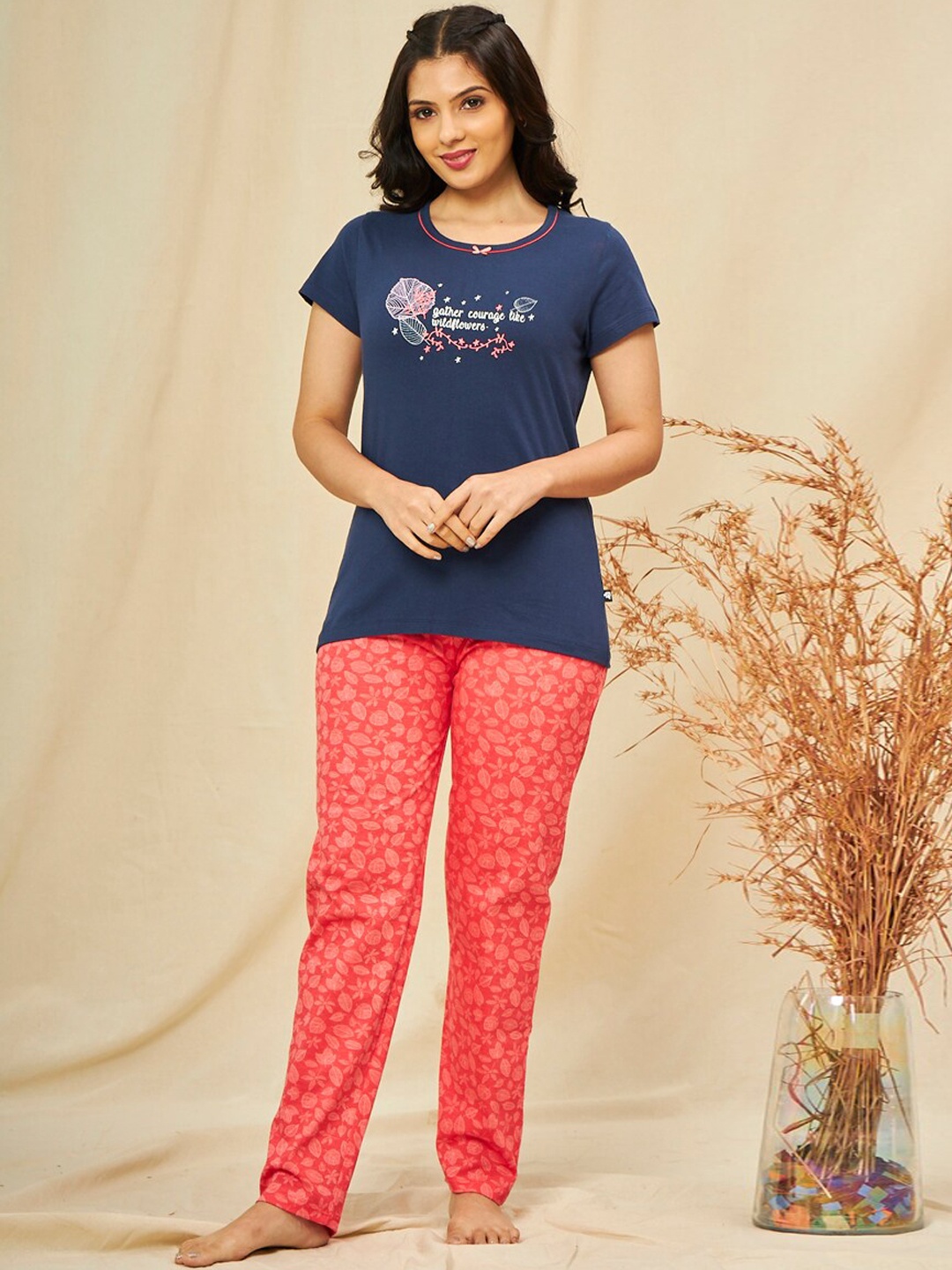 

July Floral Printed Night Suit, Navy blue