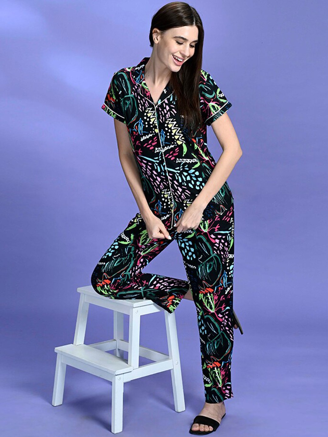 

July Abstract Printed Night suit, Black