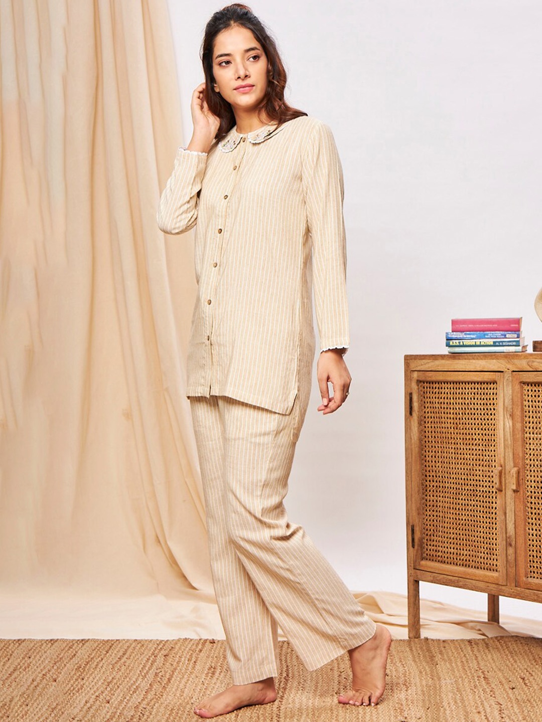 

July Striped Peter Pan Collar Shirt & Pyjama, Cream