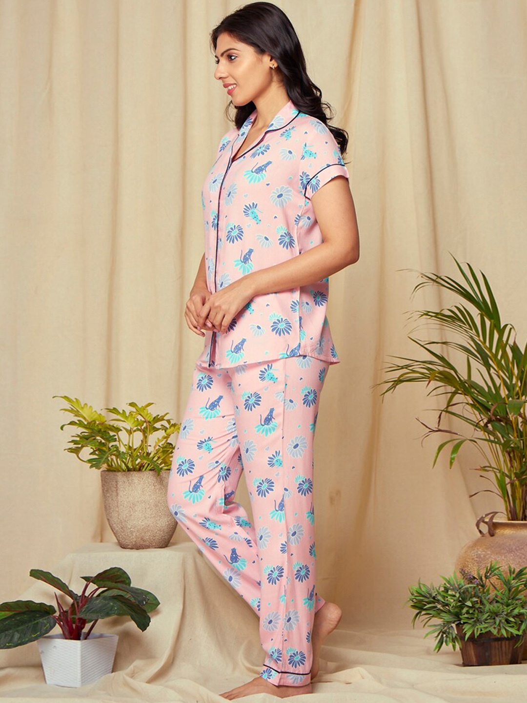 

July Floral Printed Lapel Collar Shirt & Pyjama, Pink