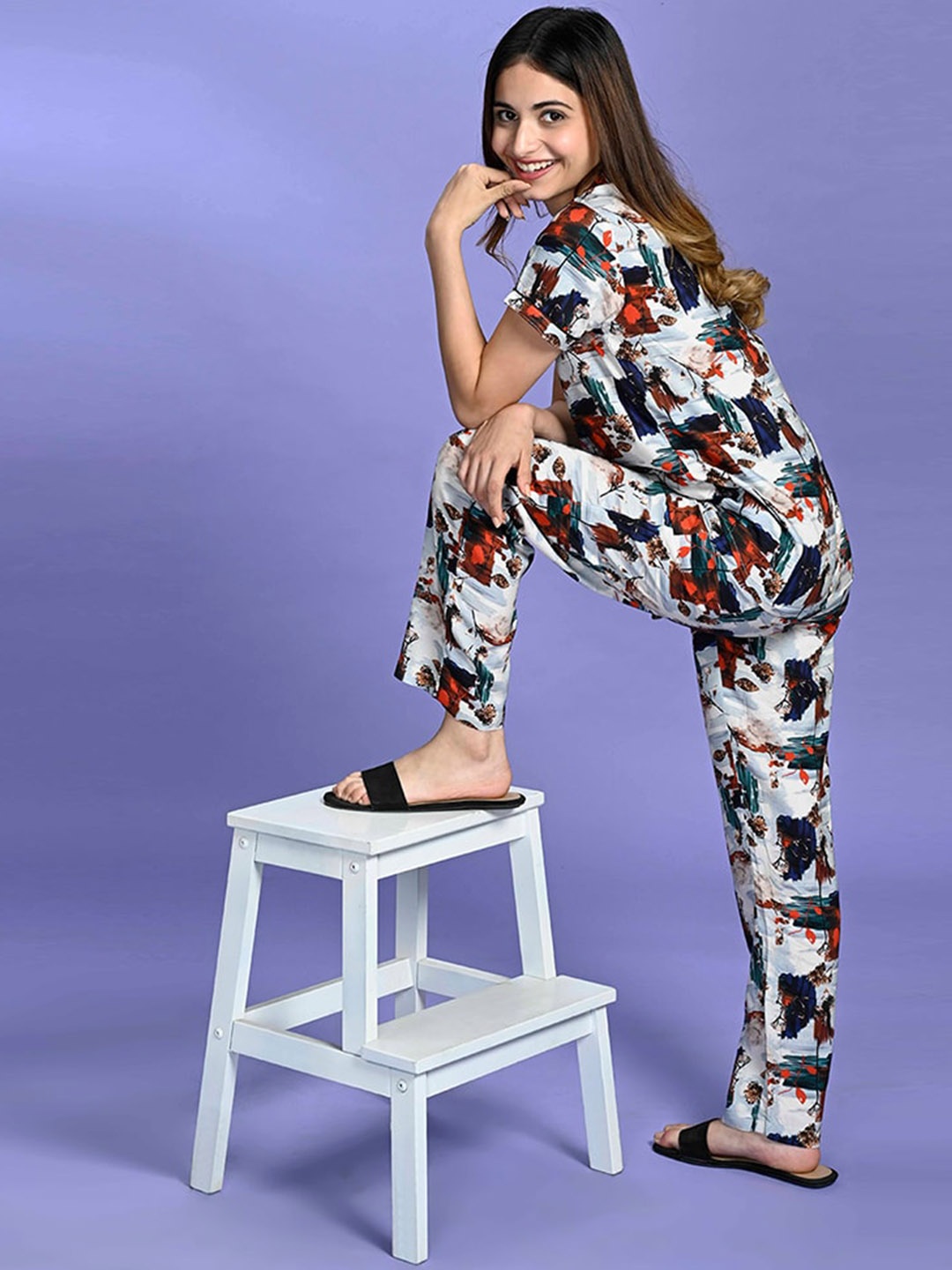 

July Women Graphic Printed Night Suit, Blue