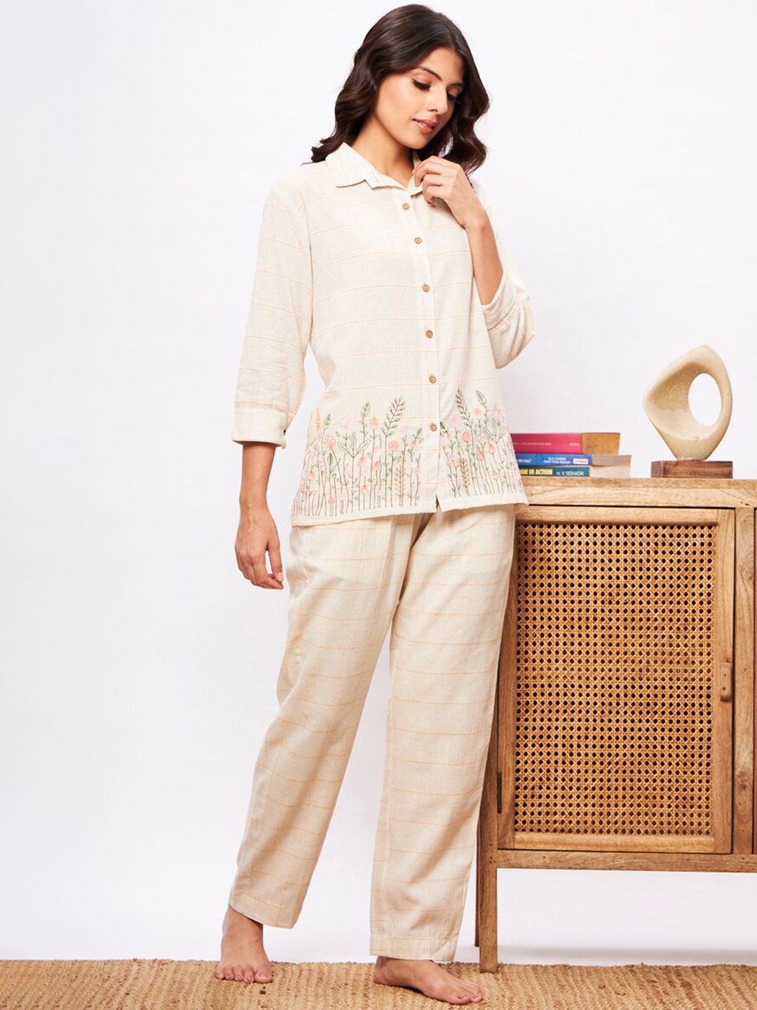 

July Floral Printed Shirt & Pyjamas Night suit, Yellow