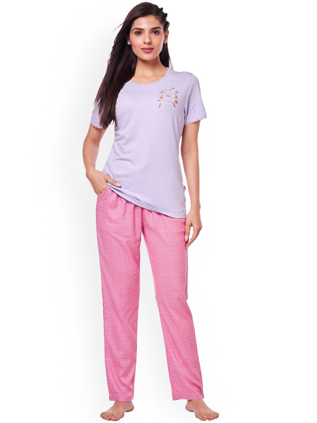 

July Floral Printed T-shirt With Pyjamas Night suit, Lavender