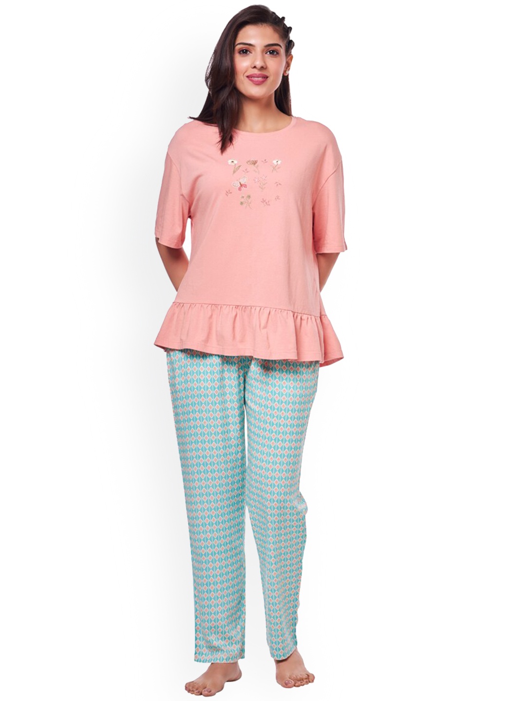 

July Floral Printed Top & Pyjamas Night suit, Pink