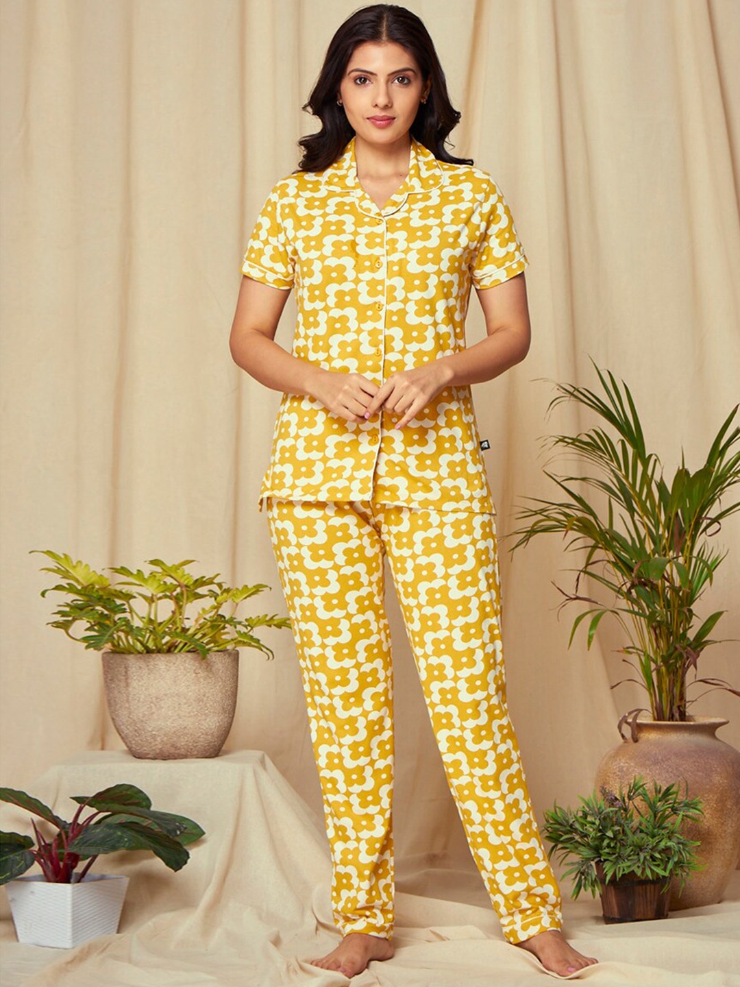 

July Ethnic Motifs Printed Night suit, Yellow