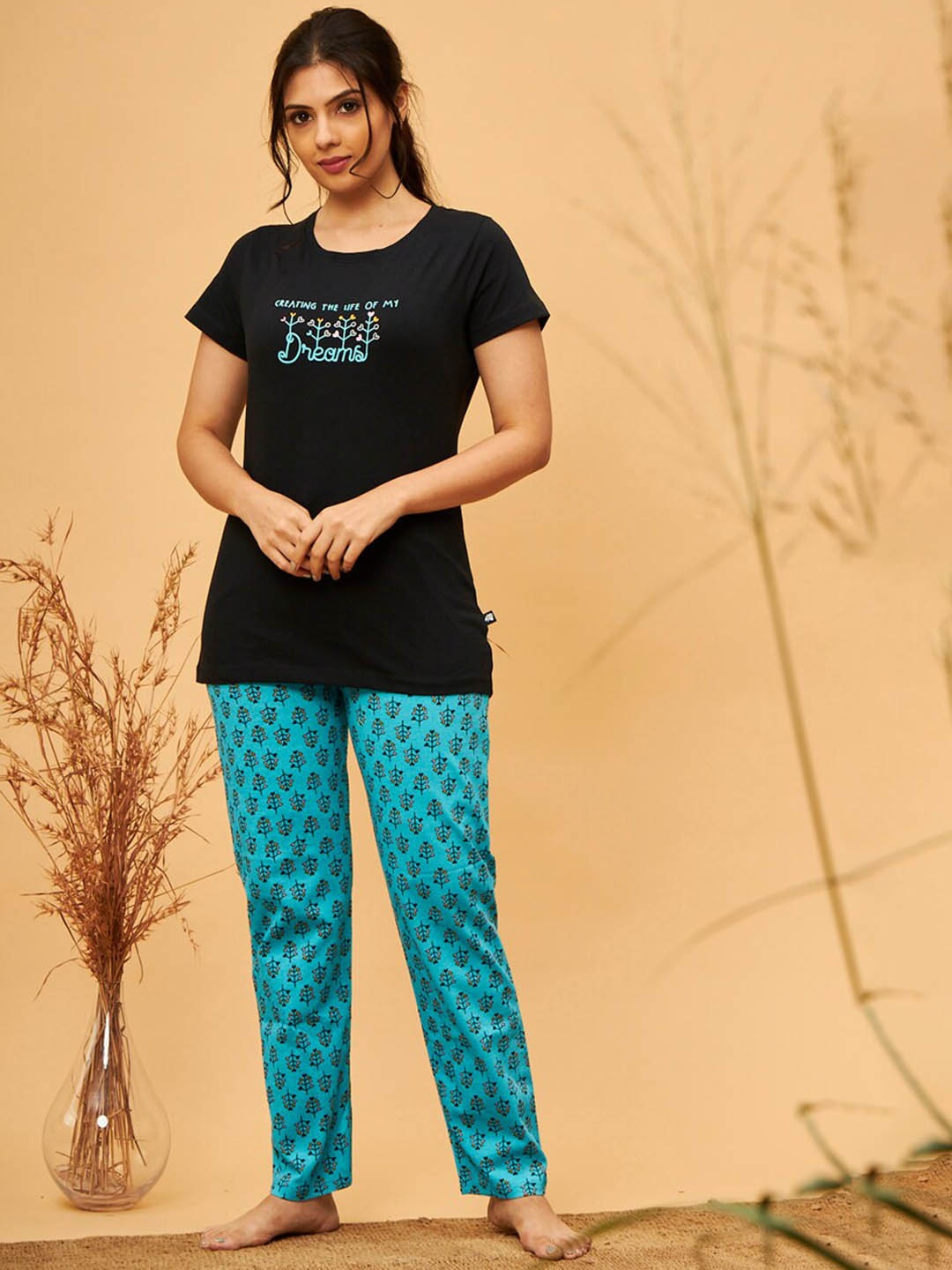 

July Typography Printed T-Shirt & Pyjama, Black