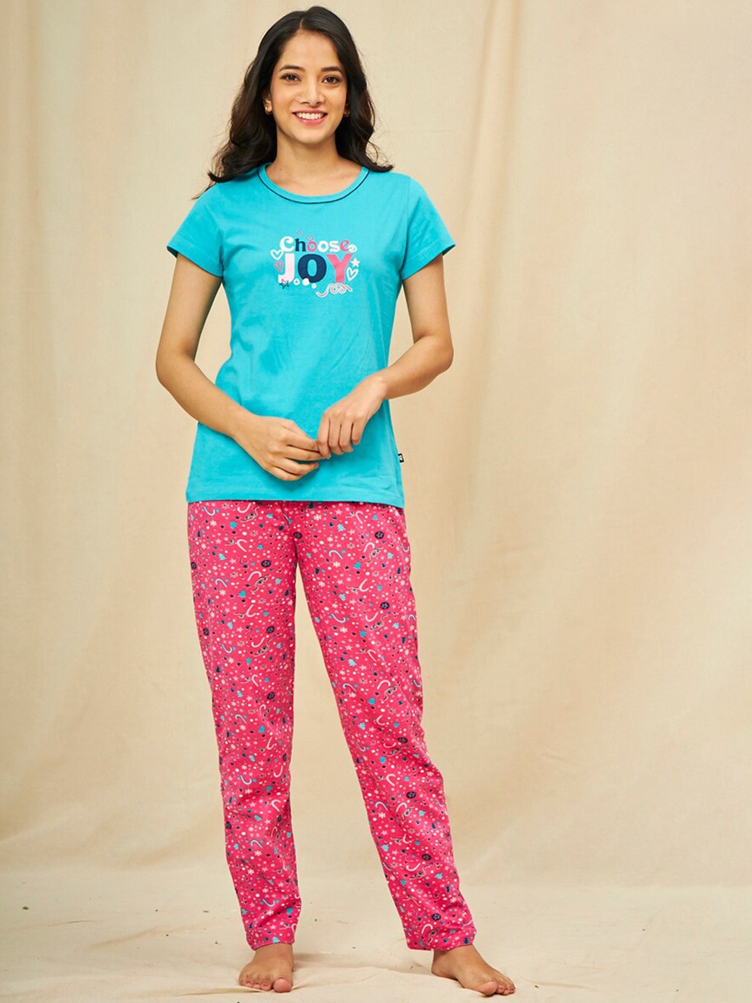 

July Typography Printed T-Shirt & Pyjama, Blue