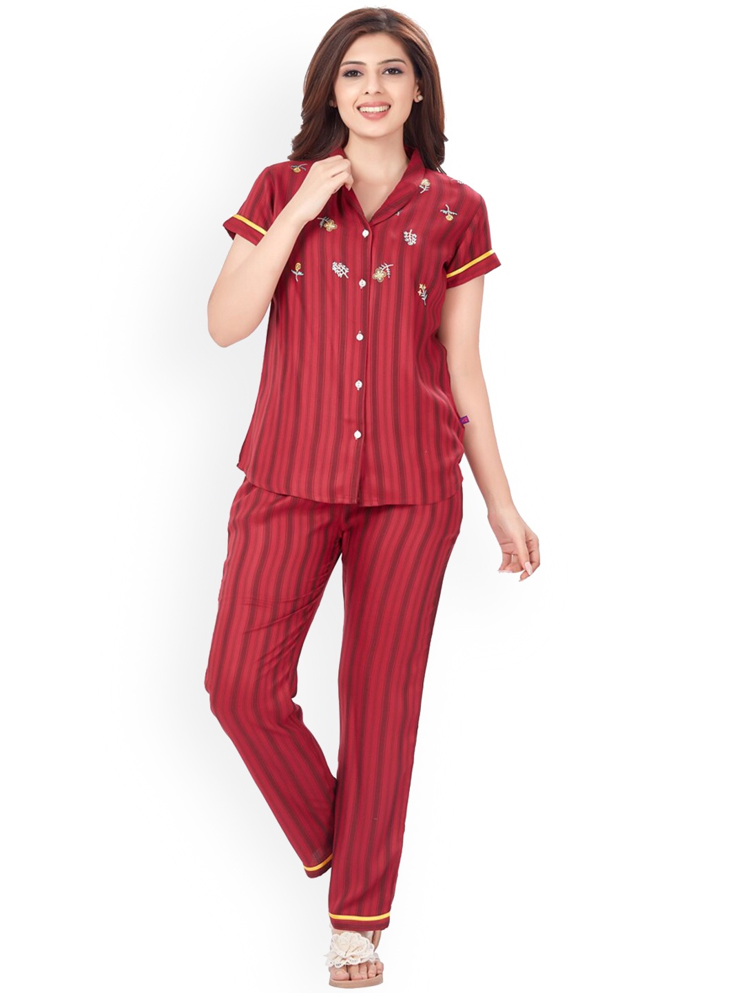 

July Striped Shirt With Pyjamas Night suit, Maroon