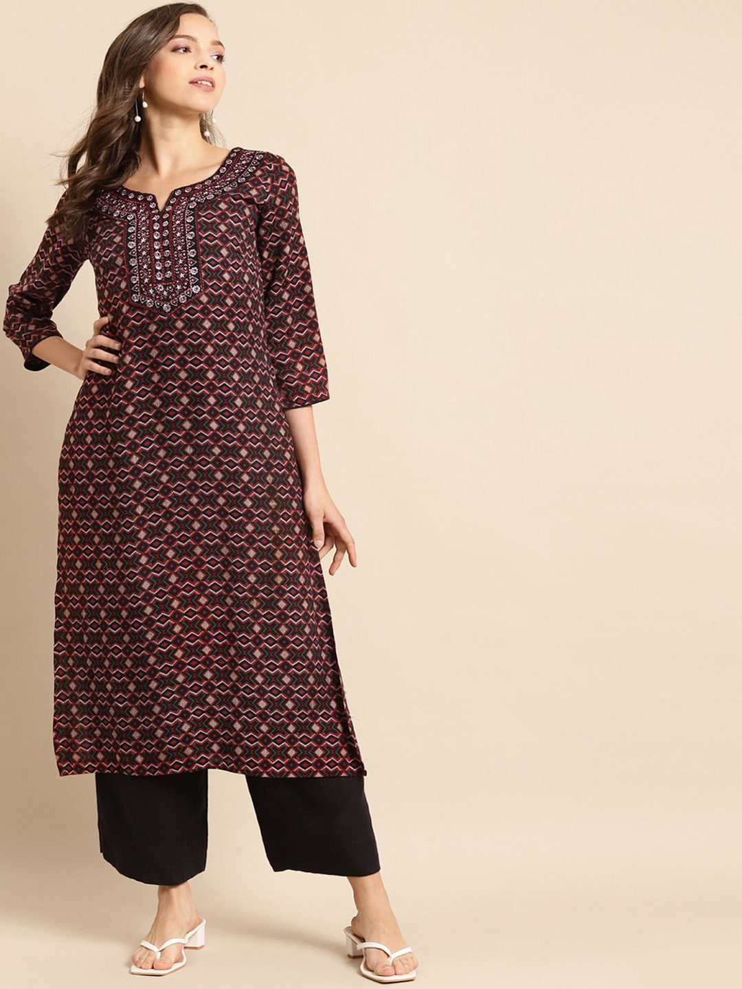 

RANGMAYEE Geometric Printed Keyhole Neck Flared Sleeves Sequinned Liva Kurta, Red