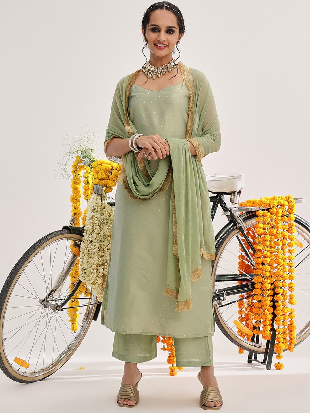 

Varanga Green Woven Design Shoulder Straps Straight Kurta & Trousers With Dupatta
