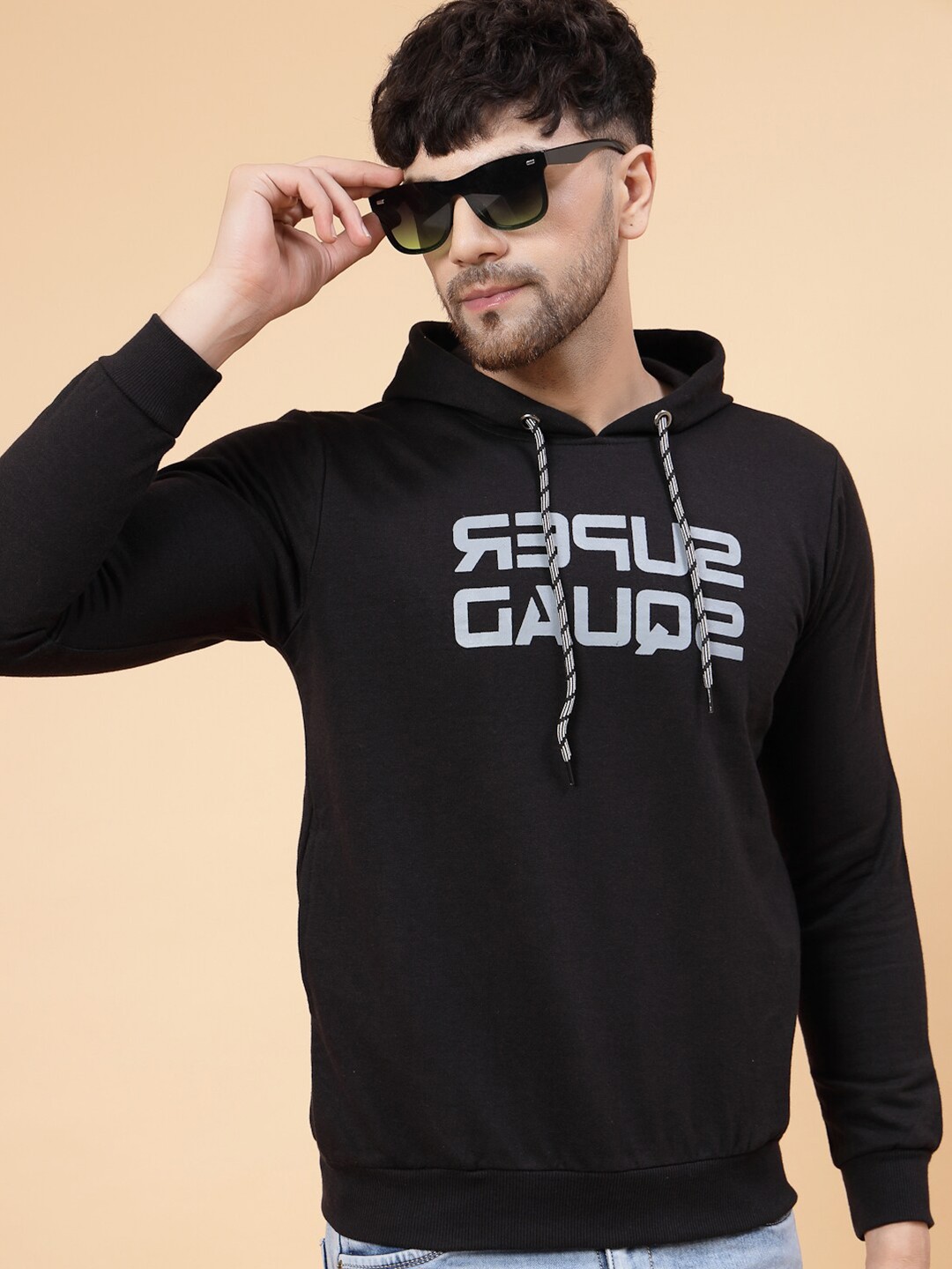 

Rigo Men Printed Fleece Pullover Casual Hooded Sweatshirt, Black