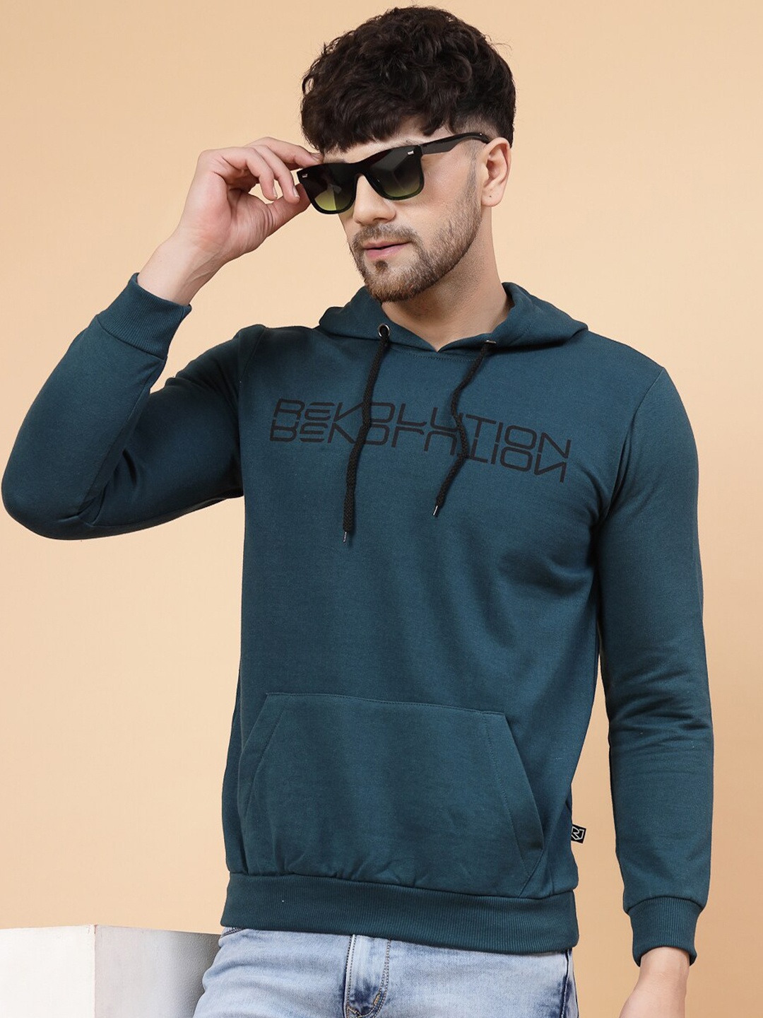 

Rigo Men Printed Fleece Pullover Casual Hooded Sweatshirt, Teal