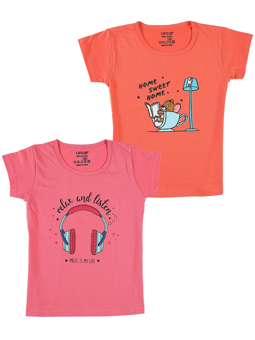 

CATCUB Girls Pack Of 2 Typography Printed Pure Cotton T-shirts, Red