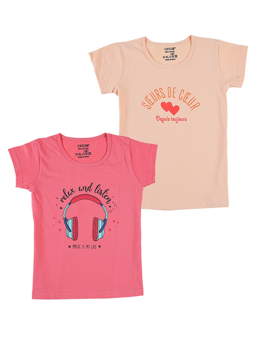 

CATCUB Girls Pack Of 2 Typography Printed Pure Cotton T-shirts, Pink