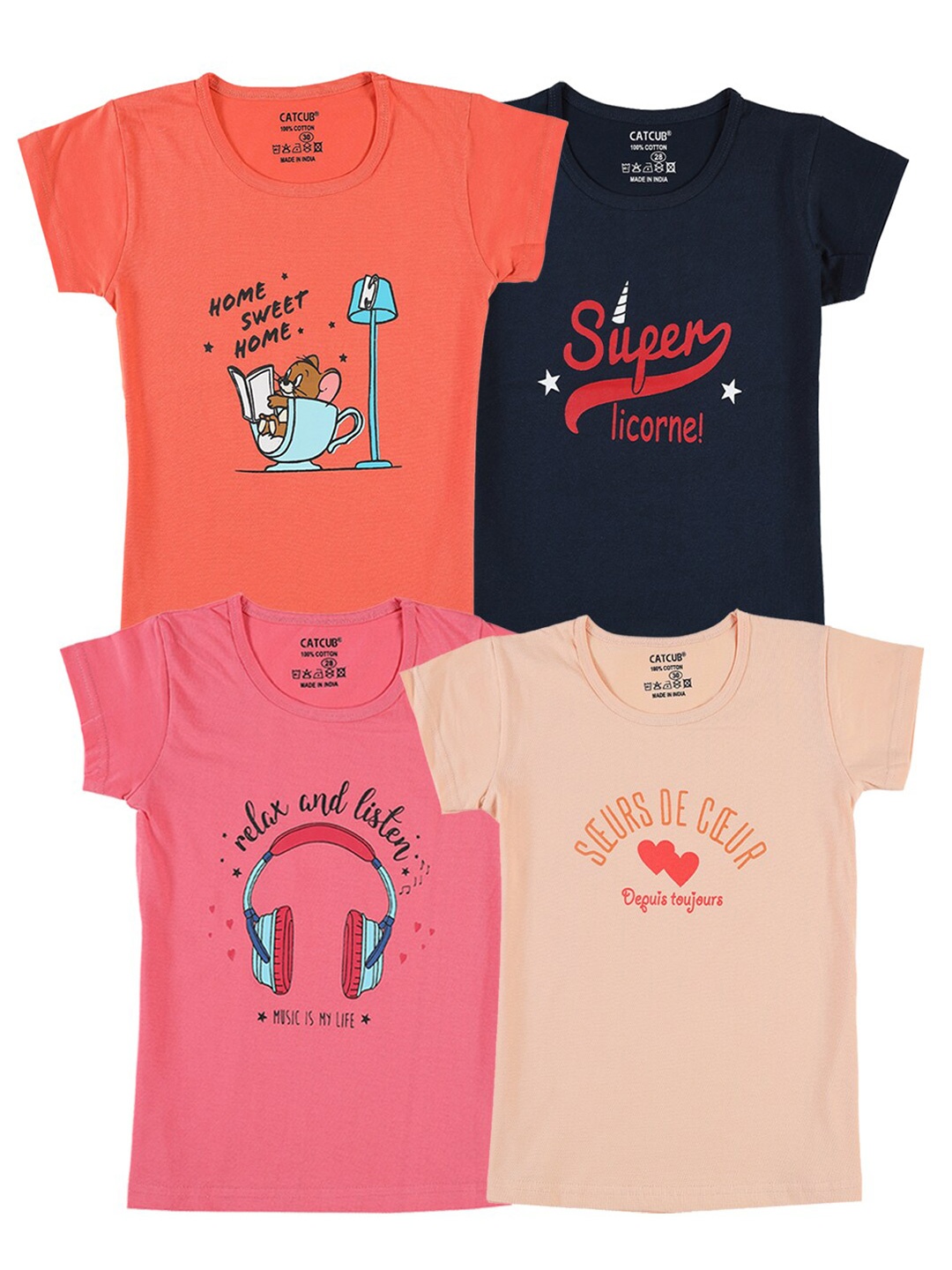 CATCUB Girls Pack of 4 Typography Printed Cotton T-shirt, Cream